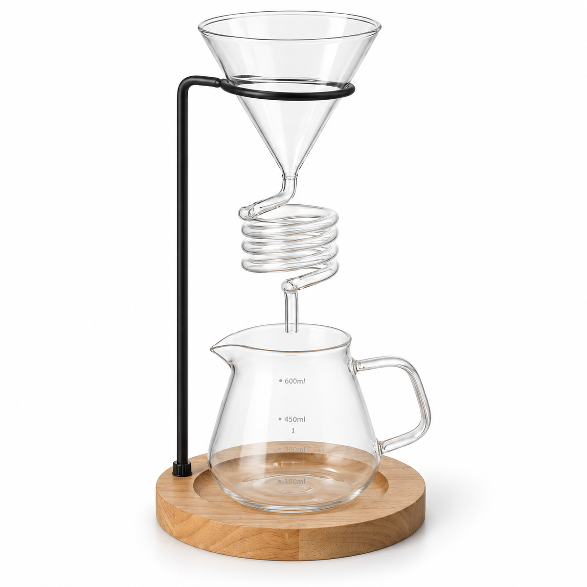 Método de café en espiral de vidrio con soporte negro, base de madera y jarra de 600 ml