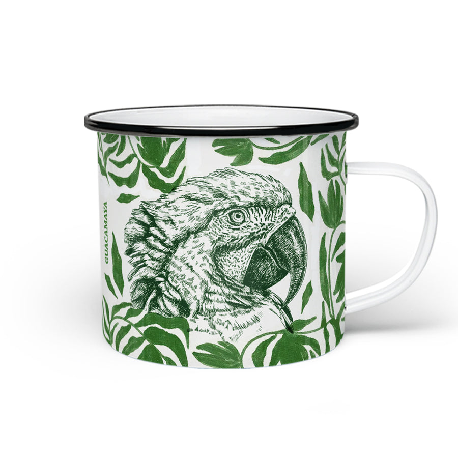 Taza de peltre Guacamaya de MOONGS, con ilustración de guacamaya de la fauna colombiana