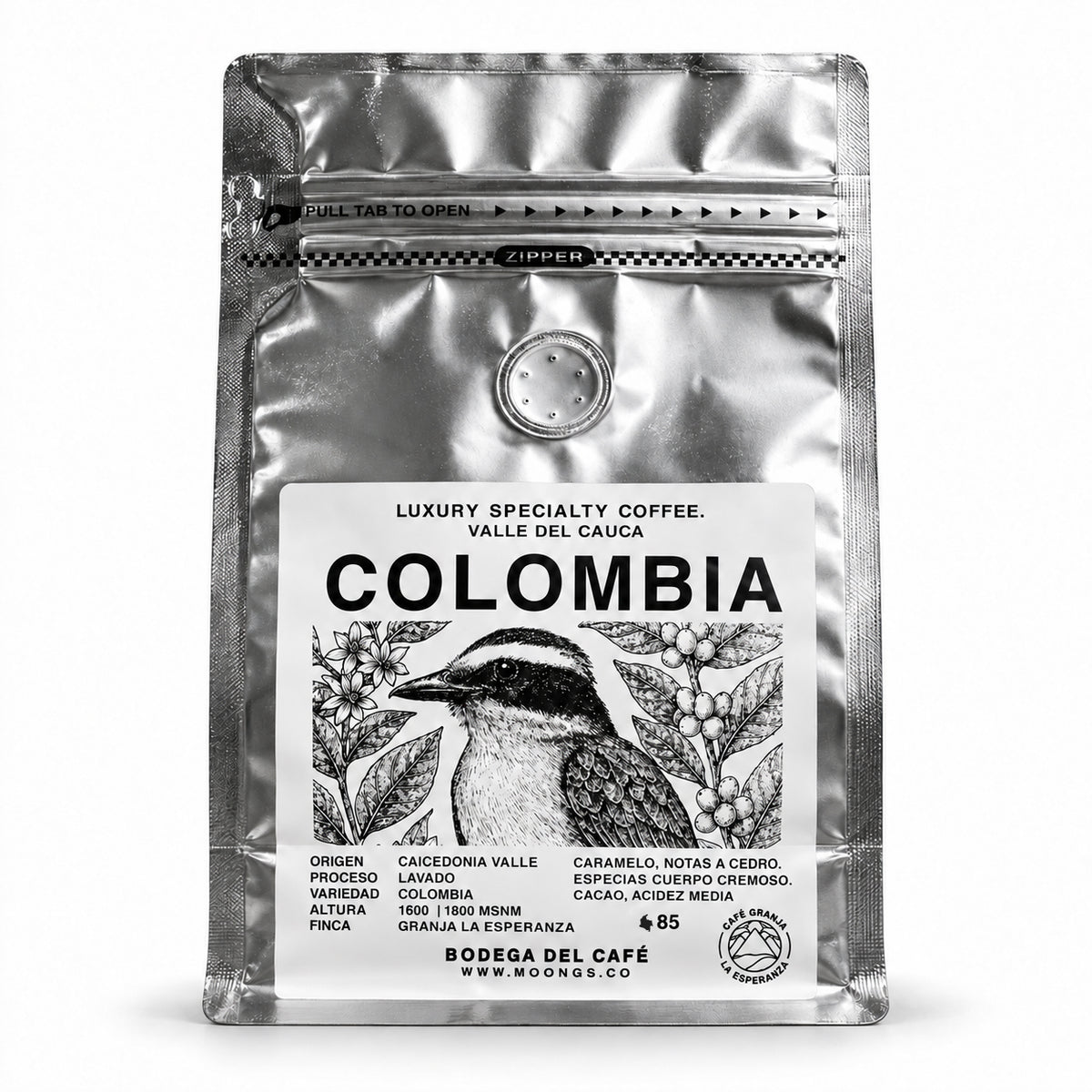 Bolsa de café Colombia Lavado Caicedonia de MOONGS, Colombia lavado de Caicedonia, Valle del Cauca, con la ilustración Clásico de Caicedonia