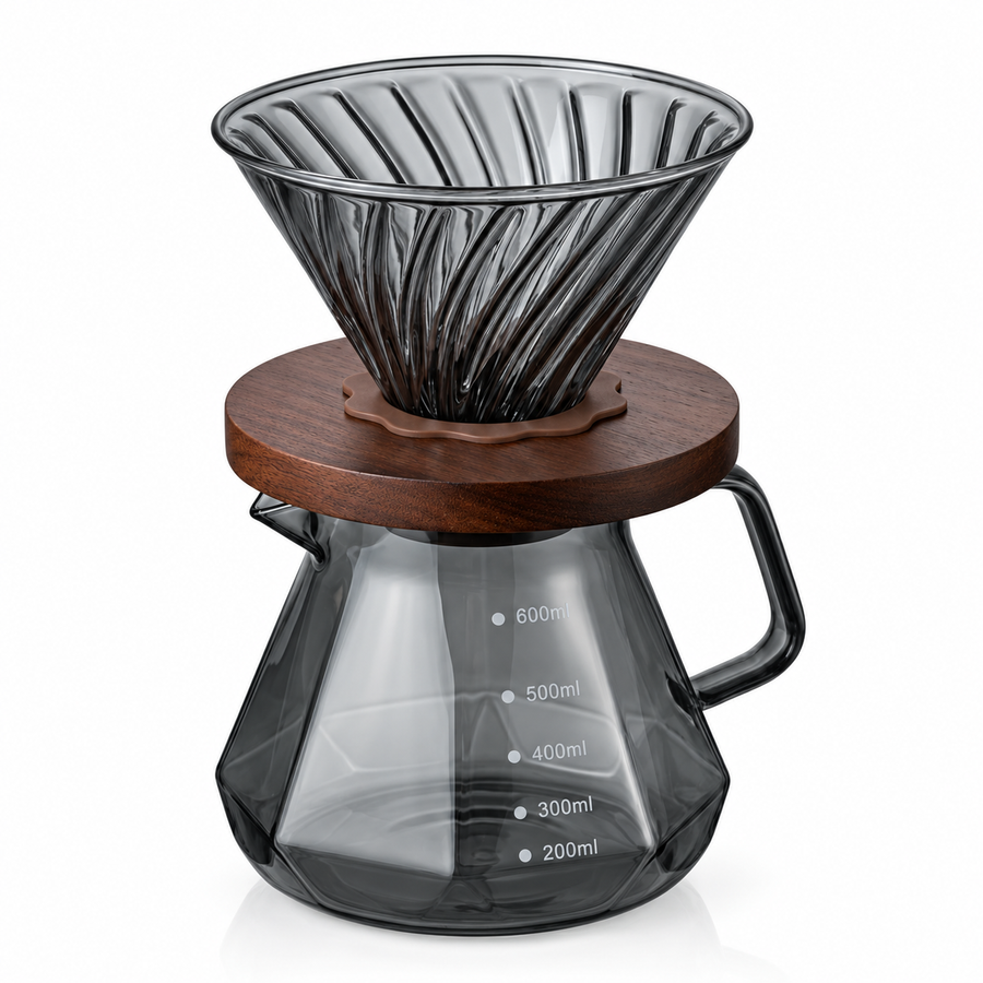 Set V60 gris oscuro: V60 de vidrio con base de madera y server facetado de 600 ml