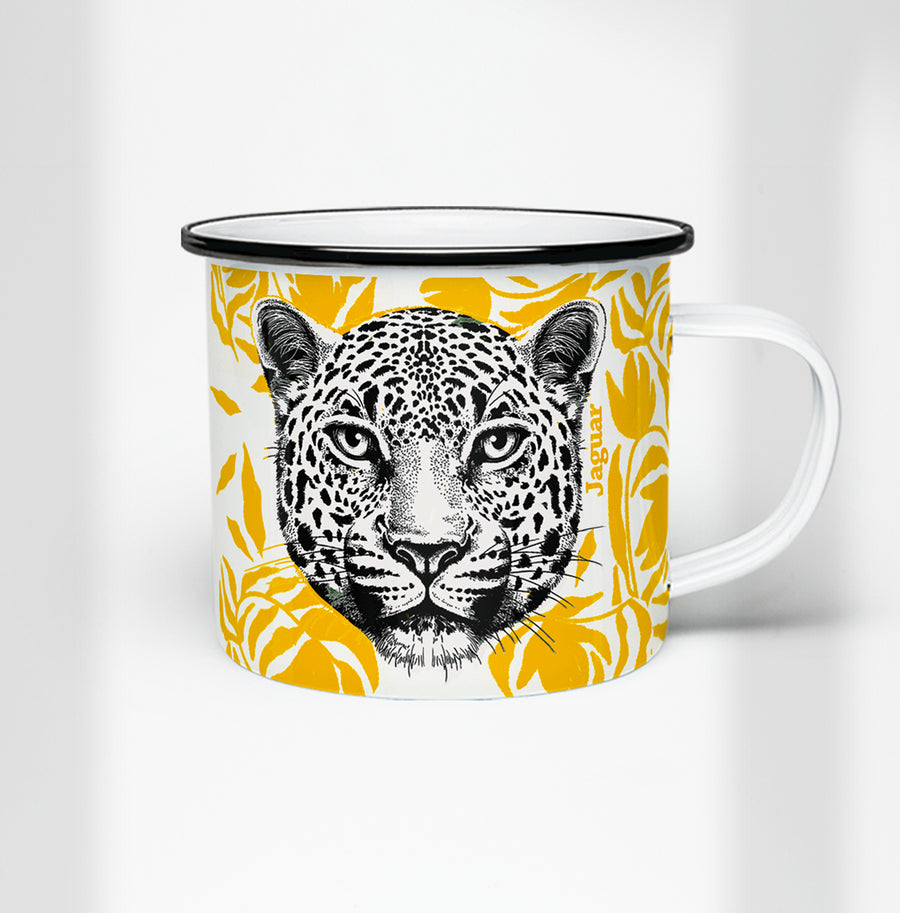 Taza de peltre Jaguar de MOONGS, con ilustración de jaguar de la fauna colombiana